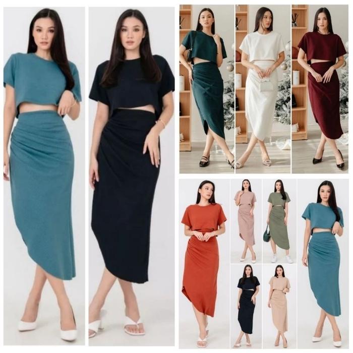 ⚜ BEST SELLER ☄ PREMIUM 🇲🇨 CELOSSE 2  IN 1 KNIT SET ~ KNIT TEXTURED  SET CROP  BLOUSE WITH ASYMMETRI