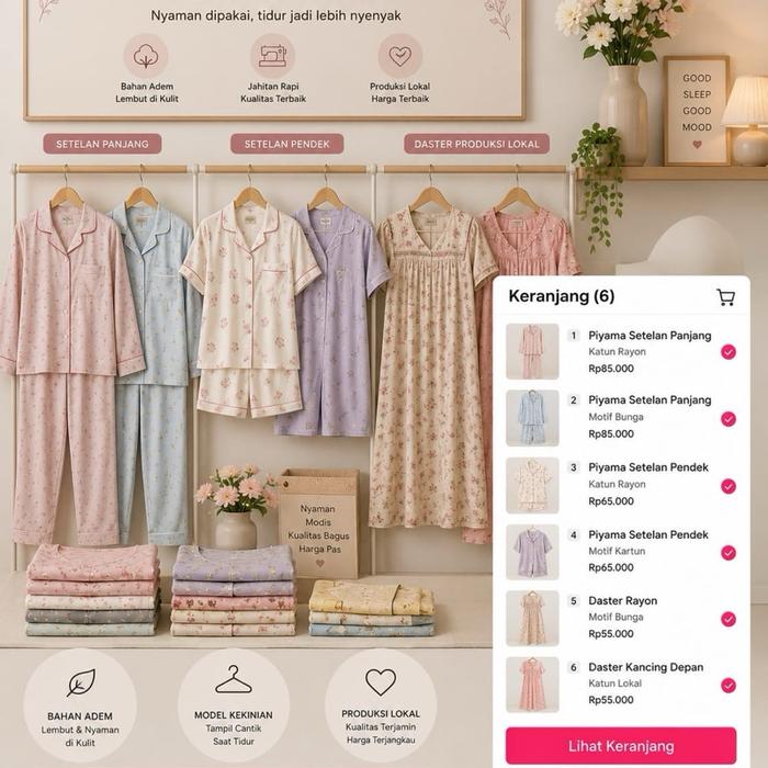 Pyama Setelan Panjang Katun Rayon Motif Bunga Nyaman Dipakai Tidur Lebih Nyenyak Bahan Adem Lembut &