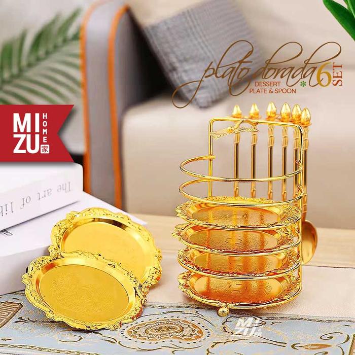 MIZU PLATO DORADA Afternoon Tea Time Set 6 SET of Dessert Plate & Spoon Piring Saji Kue Sendok Teh E