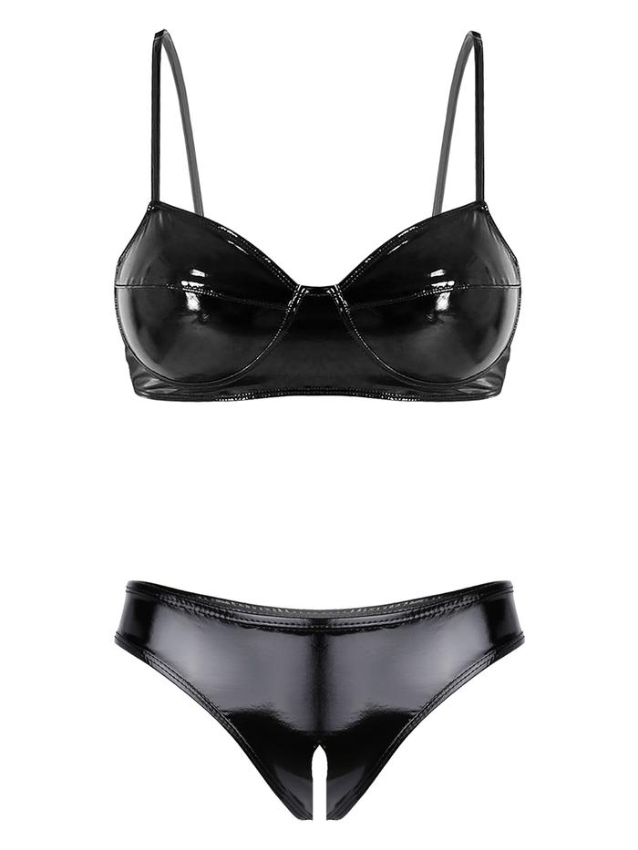 Womens Wet Look Patent Leather Latex Lingerie Set Wireless Bra Top With High Cut Front Zipper Briefs