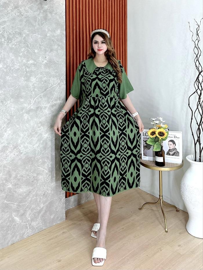Kirana Dress Jumbo LD 120cm PB 115cm / Daster Motif Rayon Premium / Dress Kerah Daun Busui Dewasa Ny
