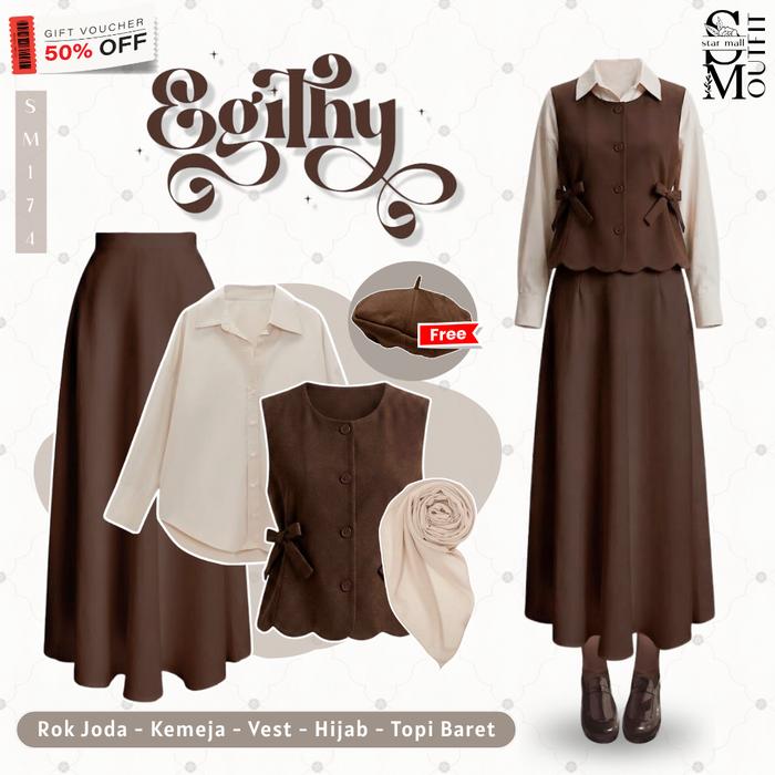 One Set Yearbook Enola Holmes Wanita Kekinian - Rok Joda + Kemeja + Vest + Hijab + Free Topi [SM174]