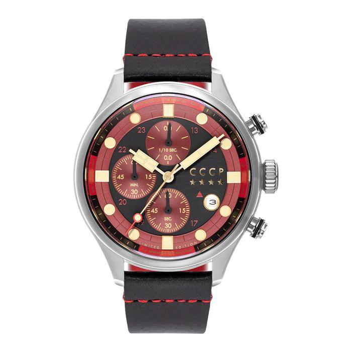 TERPERCAYA Jam Tangan Pria CCCP Comrade CP-7100-01 Chronograph Dual Tone Dial Black Leather Strap