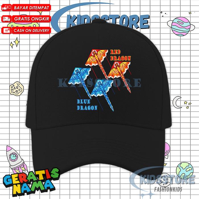 TOPI ANAK GAMBAR Layangan - TOPI BASEBALL ANAK Layang Layang Naga Merah Naga Biru VIRAL UNISEX COWO