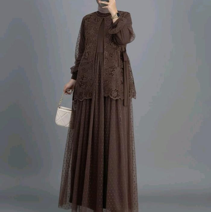 Gamis arabian inner outer sakura bahan velvet mix brokat dan tile dot mewah