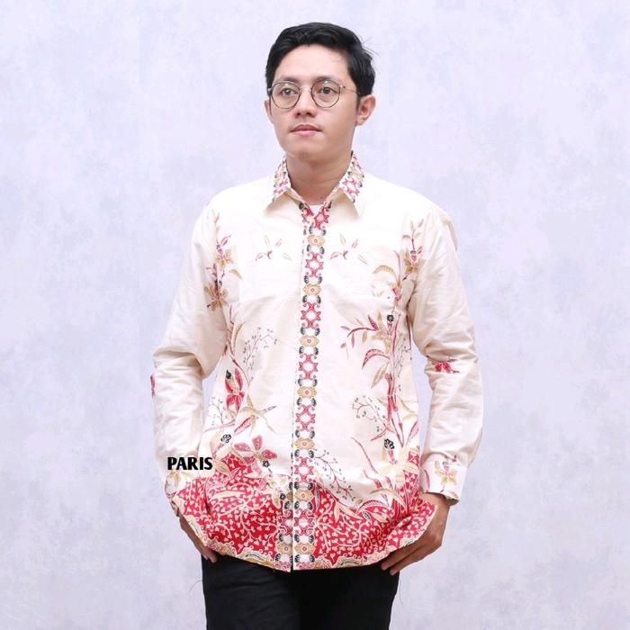 ATASAN KEMEJA BATIK PRIA COWOK LENGAN PANJANG BAHAN PRIMIS UNGGUL JAYA PREMIUM WARNA MERAH PUTIH HIT