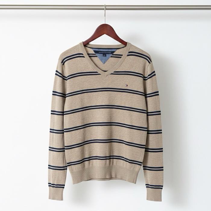 Sweater Tommy Hilfiger Knitwear V-Neck Rajut Pria Salur