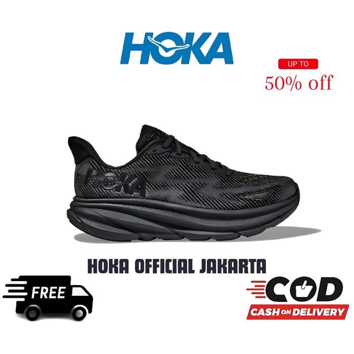 SEPATU HOKA ONE ONE CLIFTON 9 FULL BLACK MEN'S RUNNING SHOES