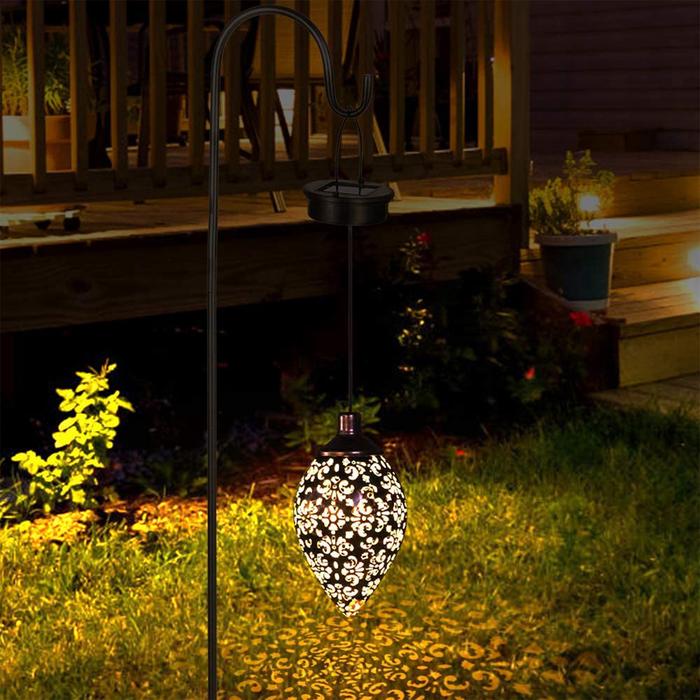Solar Powered Hanging Lights Water Drip Olive Shaped Metal Art Lamp