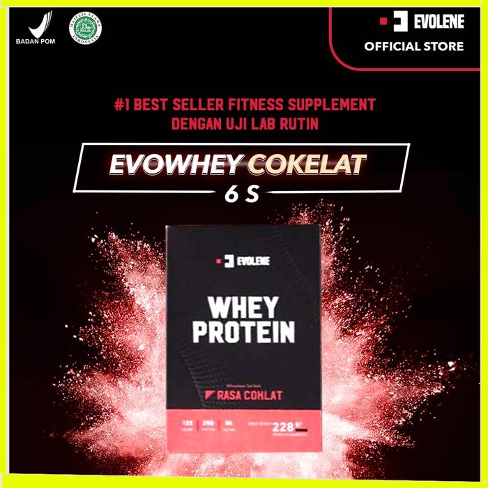 EVOLENE WHEY PROTEIN COKELAT 6 SACHET SUSU PROTEIN FITNESS PROTEIN SUPLEMEN WORKOUT BPOM HALAL