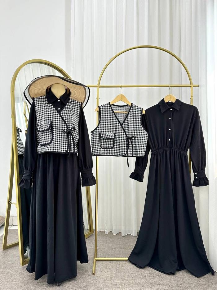 TICLO Meiwa Dress Wanita Gamis Muslimah Overall Blazer Ala Korea Motif Kotak Busui Friendly Jumbo Ca