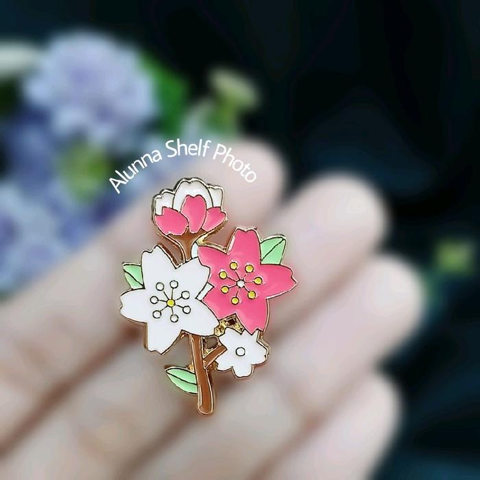 Pin Enamel Bunga Sakura Tangkai | Brooch Aksesoris Bros