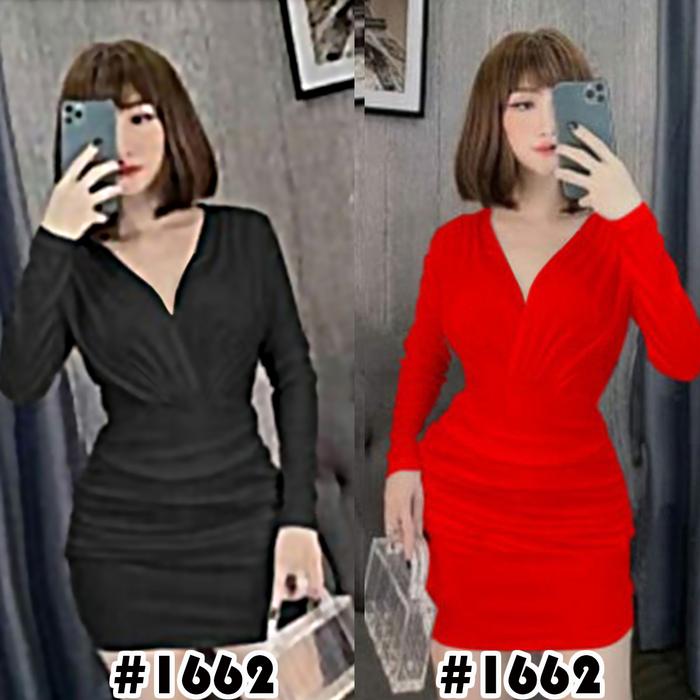 1662 Dress Mini Premium Lengan Panjang V neck - Gaun Sexy Wanita Baju Nyanyi LC Clubbing Party
