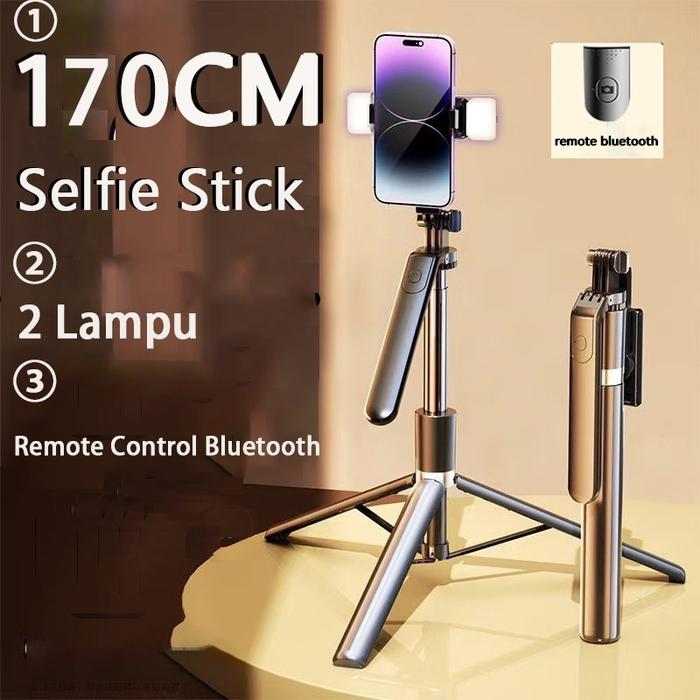 170CM Tongsis Selfie Stick Tripod Bluetooth Remote Lampu LED Tripod HP Tongkat Selfie Stick 360° Tr
