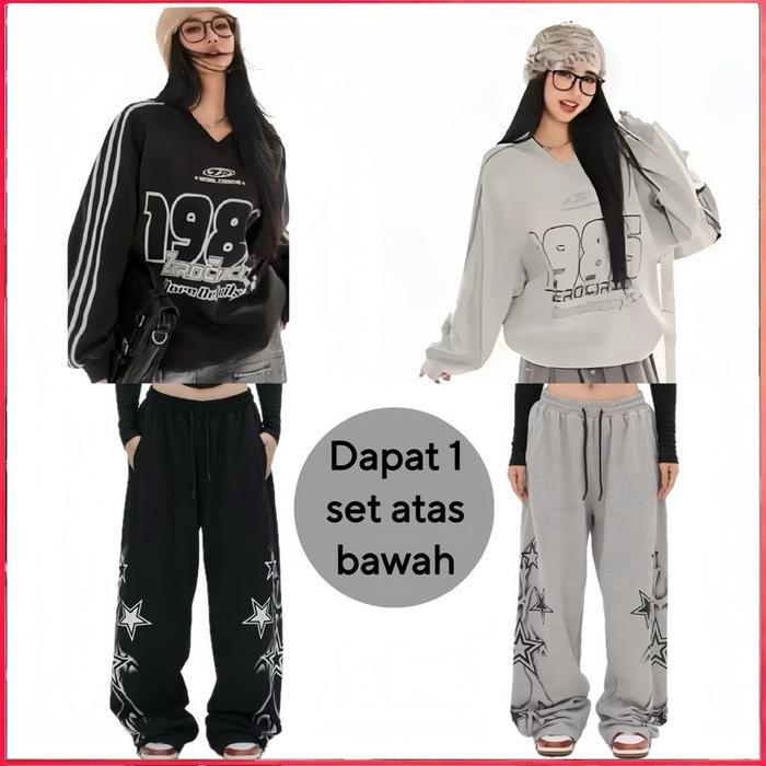 Pariroo Onset Sweater Oversize Zero + Celana Star Wide Leg Wanita Korean Style | Streetwear Premium 