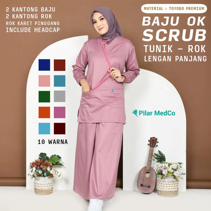 Baju Ok Rok Lengan Panjang Tunik | Baju Scrub Medis Rok Tunik | Bahan Toyobo | Baju Jaga Dokter | Ba