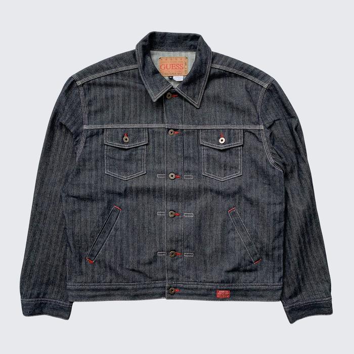 Black Jeans Vintage 1990s Guess USA Big Stripes American Tradition Denim Jacket - Unisex - XL