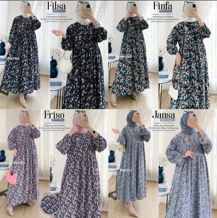 MIDI DRESS MOELA - FILSA FINFA FRISO JANSA - DRESS MURAH - DRESS MOTIF - DRESS BUNGA - DRESS NAVY -