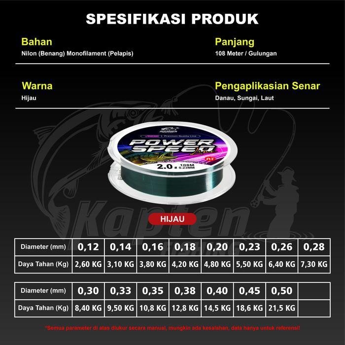 Kaptenfishing Pancing 108 Meter Warna Hijau Tua Bahan Nilon Anti Keriting untuk Memancing di Laut da