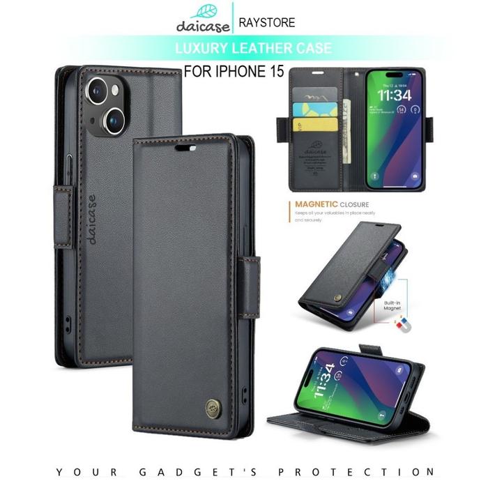 iPhone 15 Flip Leather Case Premium-Flip Wallet Case Untuk iPhone 15