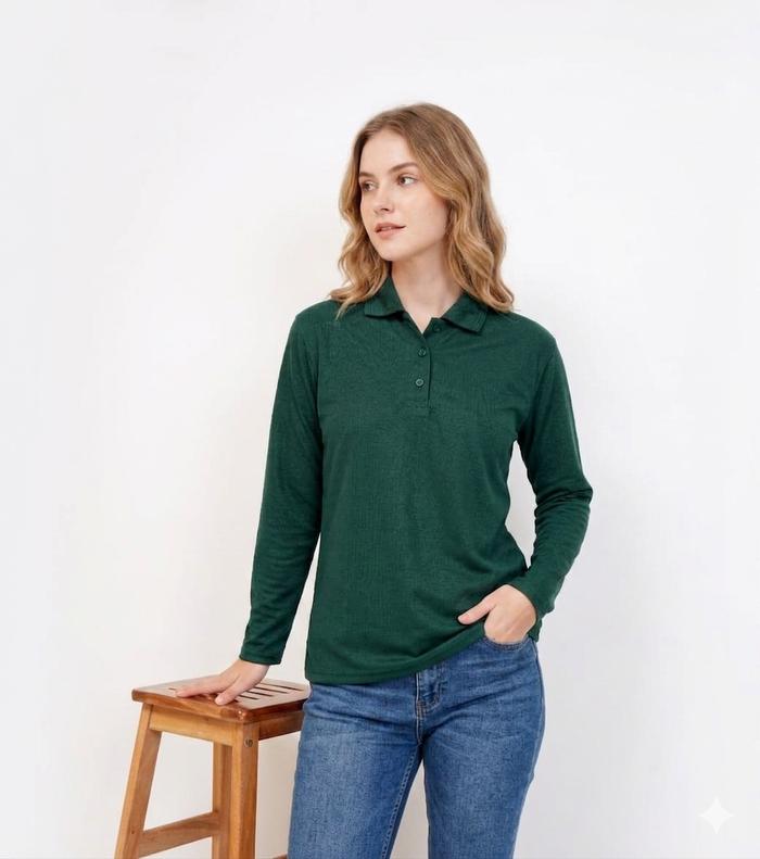Kaos Kerah wanita Hijau Army Lengan panjang / polo polos panjang ARMY