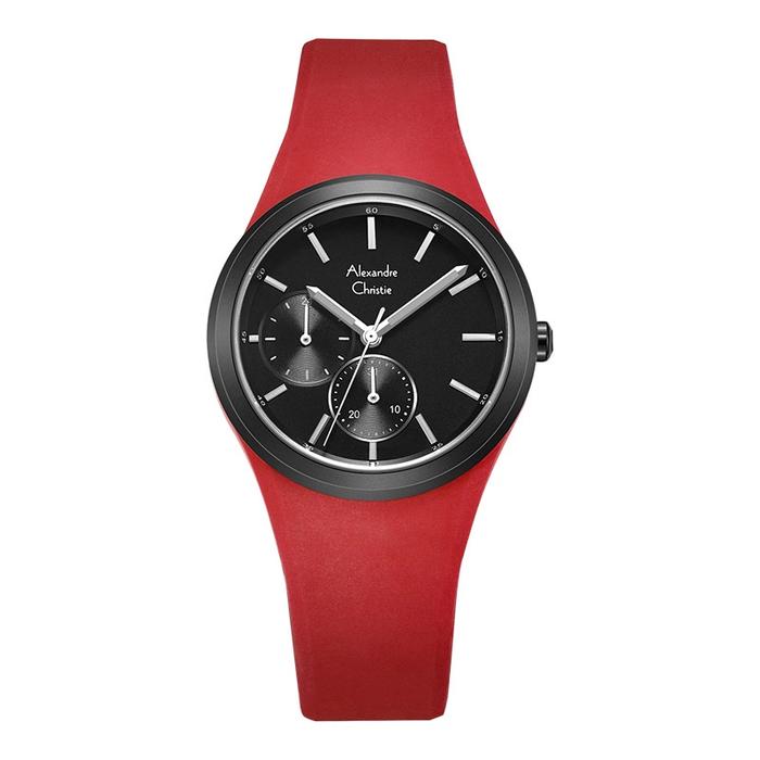 Jam Tangan Wanita Alexandre Christie Multifunction AC 2663 BF RIPBARE Ladies Black Dial Red Rubber S