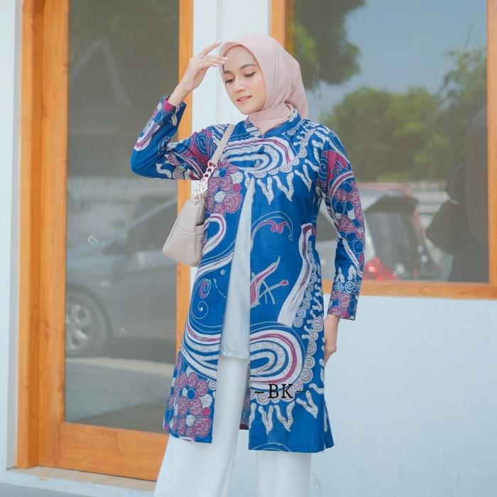 Batik Couple Abstrak Navy Kombinasi model tunik