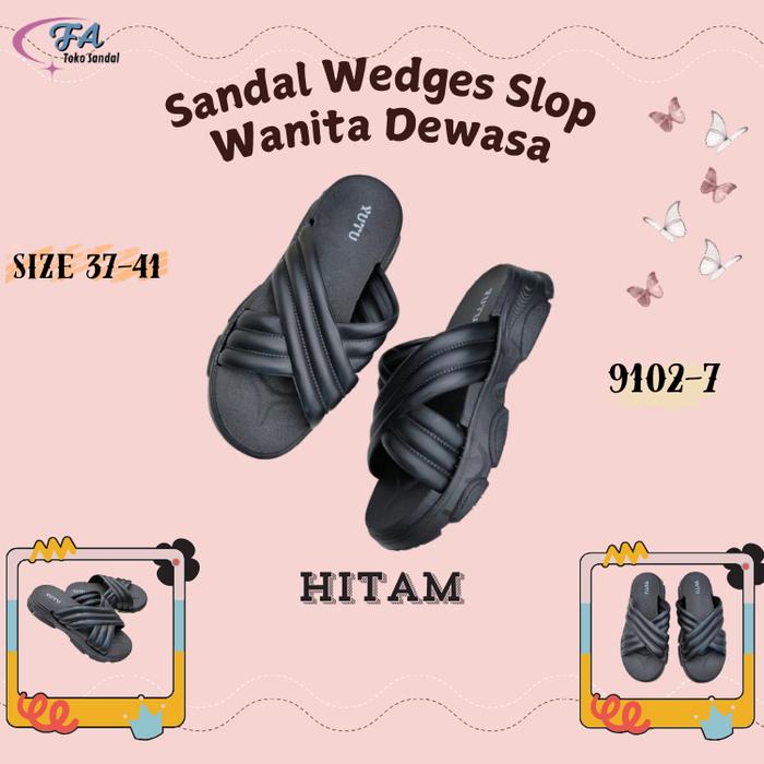 Sendal Slop Wanita Tali Silang Hitam / Sandal Wedges Karet Sandal Jelly Anti Slip Sendal YUTU 9102-7
