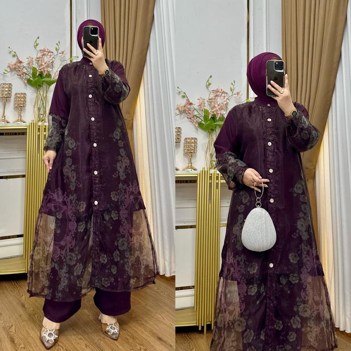 Koleksi Baru Maxi Dress Manohara Gaun Cantik Berbahan Marbella Ani UV Kombinasi Organza Print Organz