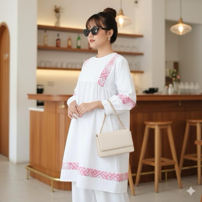 Shanaya dress Batik Wanita Muslim Set Tunik hari Raya lebaran Kulot Bahan Toyobo Putih Kombinasi all