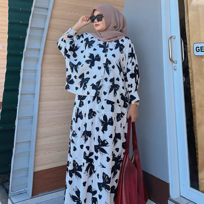 Marisa Set Katun Rayon Santung Premium Jumbo Atasan Kemejan Batwing Bawahan Rok Motif Pita One Set