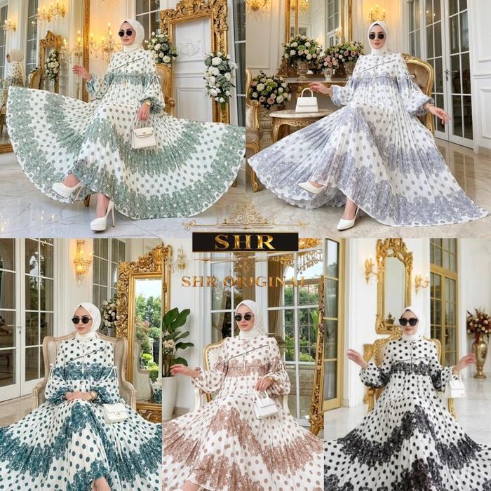 SHR Original Midi Ceruti Motif Polka Printing Muslim Baju Wanita Motif SHR Atasan Dress Dewasa Polka