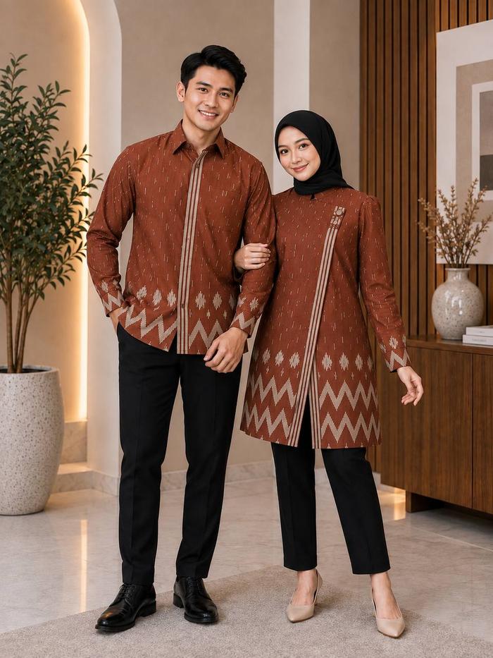 Roman Batik Baju Batik Couple Kemeja Dan Tunik Motif Azura  Series Pria Wanita Dewasa Sragam Kancing