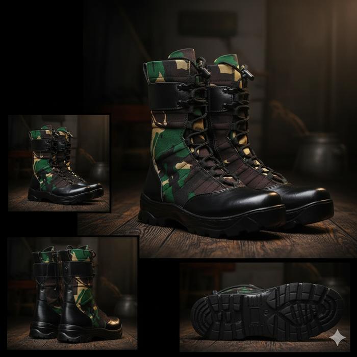 ZimZam Sepatu PDL Ninja Army Loreng Sepatu Boot PDL Ninja Army Hijau TNI AD Kulit Asli Sol Karet Ant