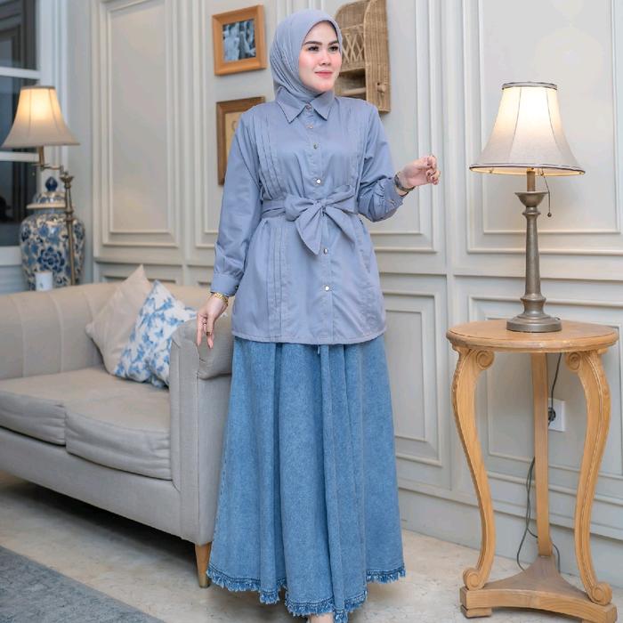 Setelan Wanita Rana Kemeja Bahan Katun Rok Jeans Wash Snow Set Scraft Cantik Mewah Elegan Hitam Musl