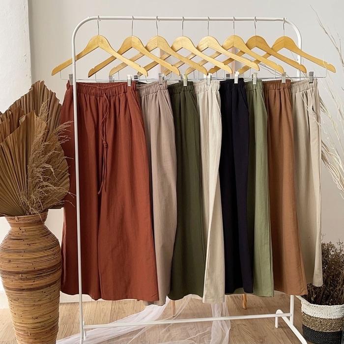 celana panjang wanita/kulot linen premium/kulot full karet tali serut Kain Kaki Nyaman Lembut Tebal 