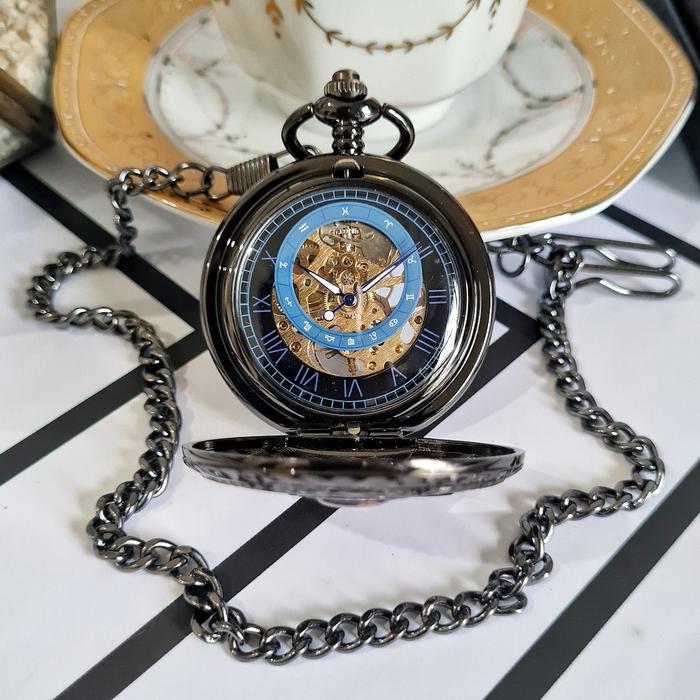POCKET WATCH Protect Jam Saku Kantong Black Hitam Half Hunter Skeleton Automatic Mechanical Otomatis