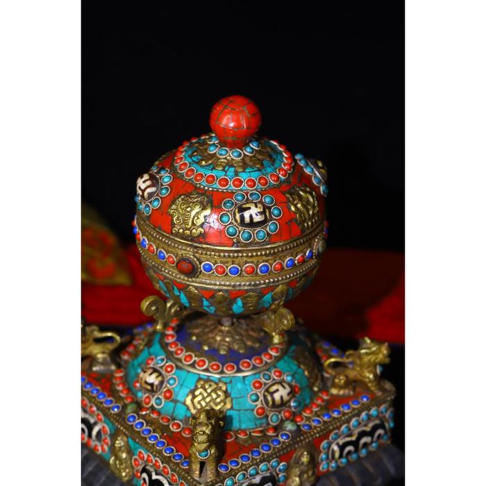 NEW 7" Tibet Buddhism Old Bronze Gem Dzi Bead Prayer wheel