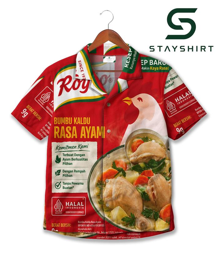 STAYSHIRT Kemeja Motif Parodi Bumbu Royco Kaldu Ayam Merah Lucu Kemeja Premium Adem