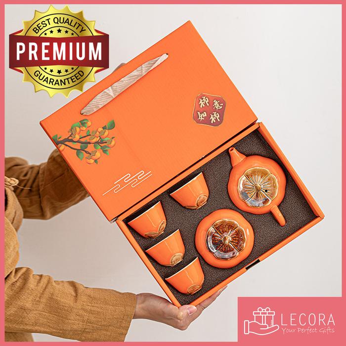 [TEASET by Lecora] Hampers Kado Hadiah Persimmon Orange Teaset, isi  4 cup + 1 teapot + 1 Wadah Teh,