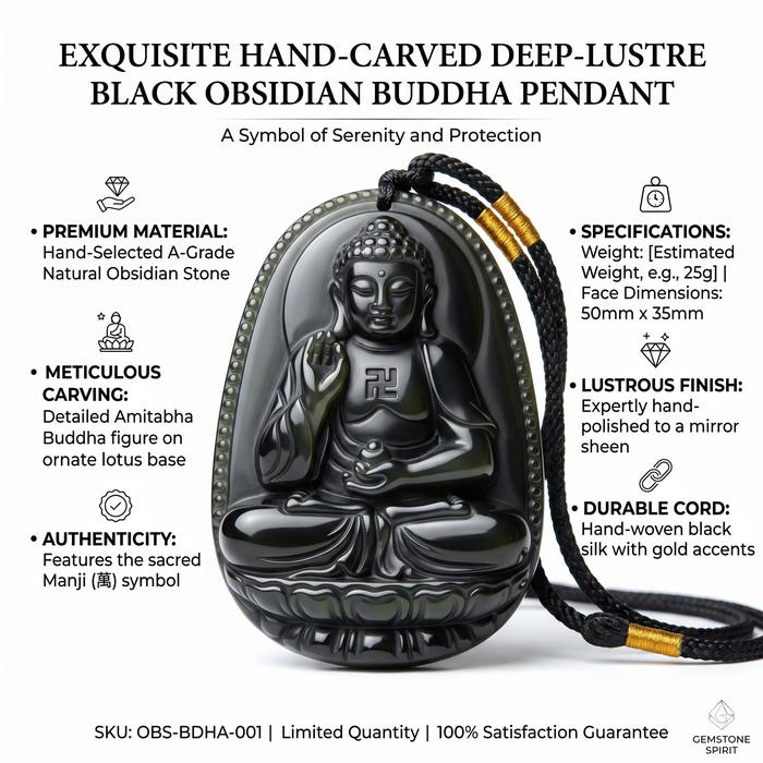 Kalung Liontin Buddha Amitabha Black Obsidian Asli Natural - Amulet Keberuntungan & Proteksi Ketenan