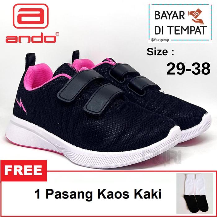 FIURI - ANDO ORIGINAL -  EMILIA VELCRO 29-38 HITAM PINK - SEPATU SNEAKERS KANVAS SOL KARET ANAK KECI