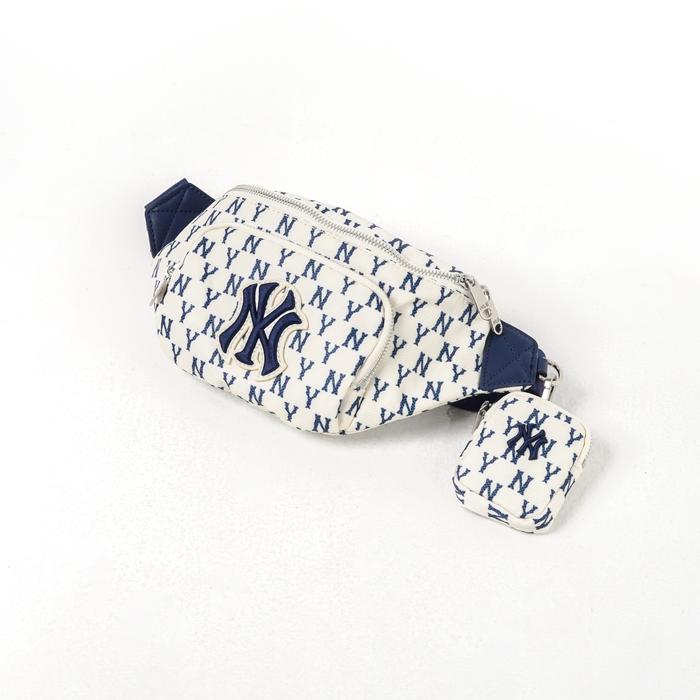 Tas MLB NY MONOGRAM NAVY IVORY WHITE WAIST BAG WITH POUCH 100% ORIGINAL
