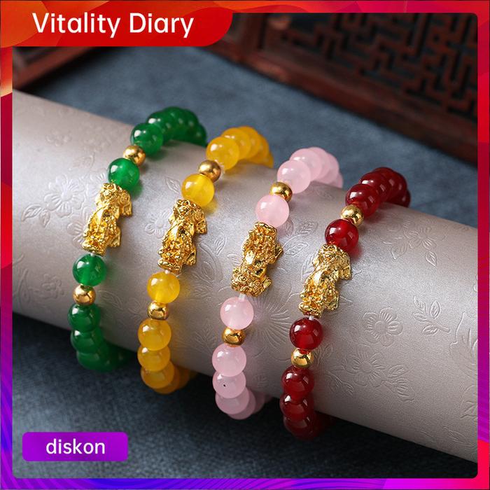 【COD❤】Gelang Batu Akik Manik-manik Lucky Pixiu Emas Gelang Feng Shui Asli Gelang Indah Memakai Tali