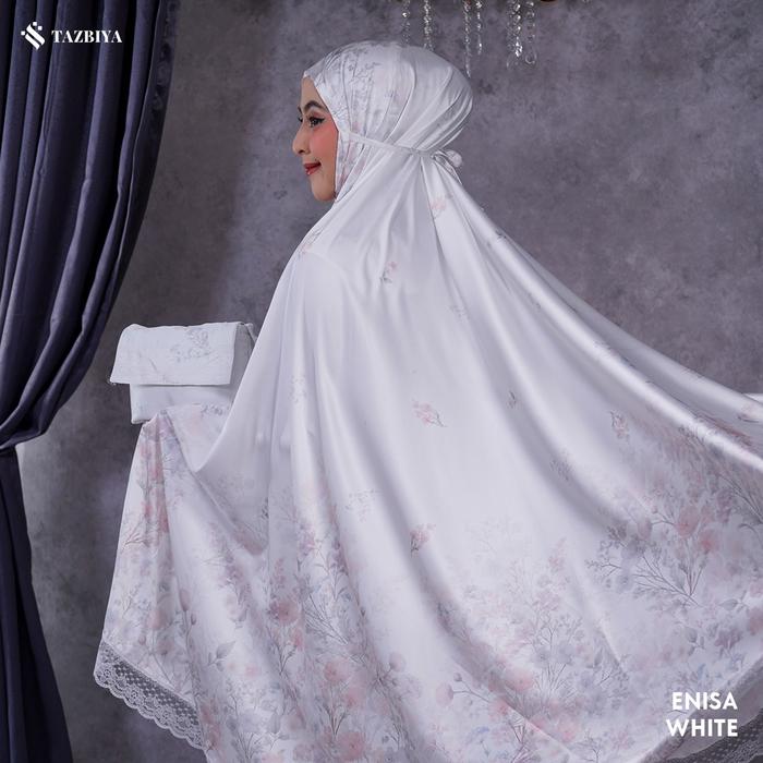 TAZBIYA - Mukena LACE SILK PREMIUM ENISA | All Size fit to Jumbo | Mukena Putih Tazbiya | Mukena Sil