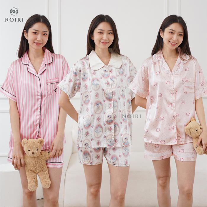 NOIRI - Piyama Wanita Coquette Baju Tidur Lengan Pendek Celana Pendek Piyama Kancing Satin Ice Silk
