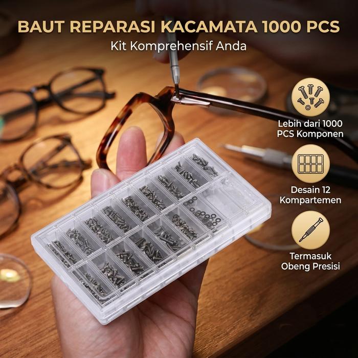 Baut Kacamata Kecil Mini Set 1000 PCS Lengkap Reparasi Engsel Frame Mur Sekrup dengan Kotak Penyimpa