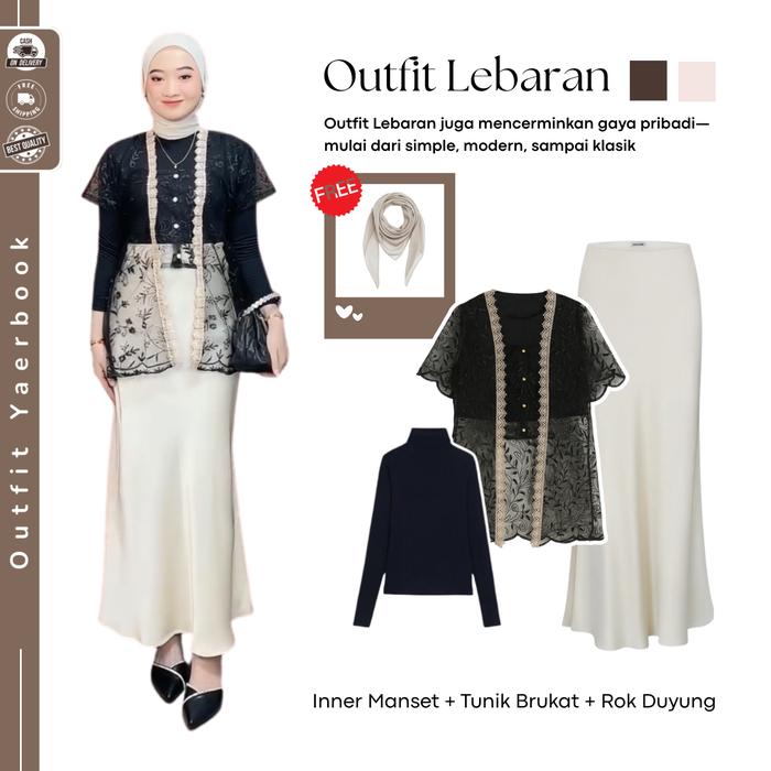 One Set Outer Tunik Brokat OOTD ( Inner Manset + Brukat Zora + Cutbray Scuba ) One Set Wanita Hijab