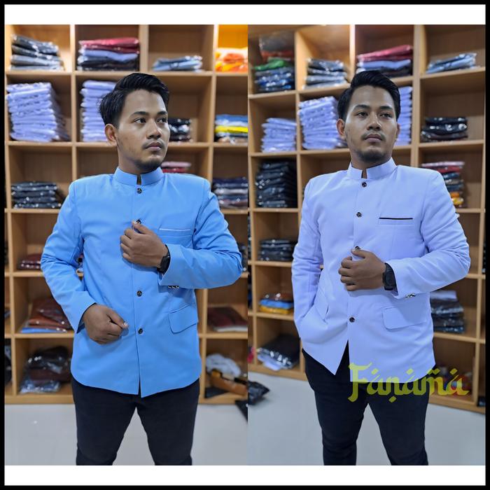 Busana Muslim Pria Jasko Polos Jas Koko Mandarin Warna Putih & Biru Langit Jasko Shanghai Full Furin