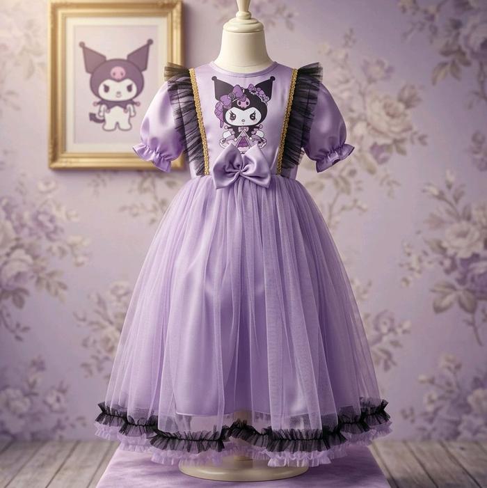 DRESS PESTA ANAK PEREMPUAN 3-8 TAHUN FROZEN Dan  KUROMI dengan Desain Cantik dan Warna Pastel